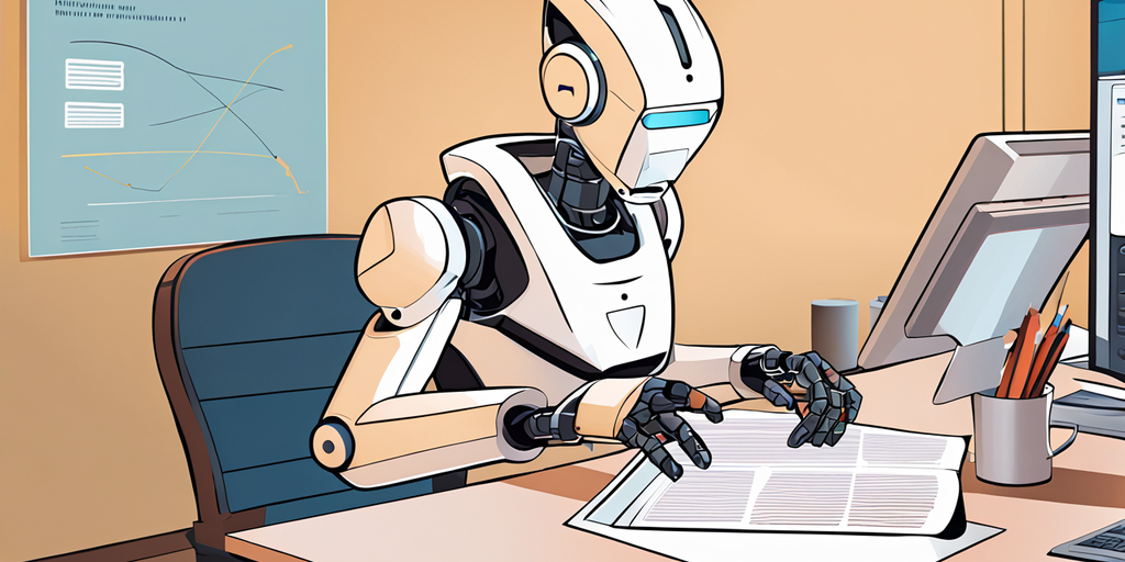 An illustration of a robot sitting at a desk in a business environment.
