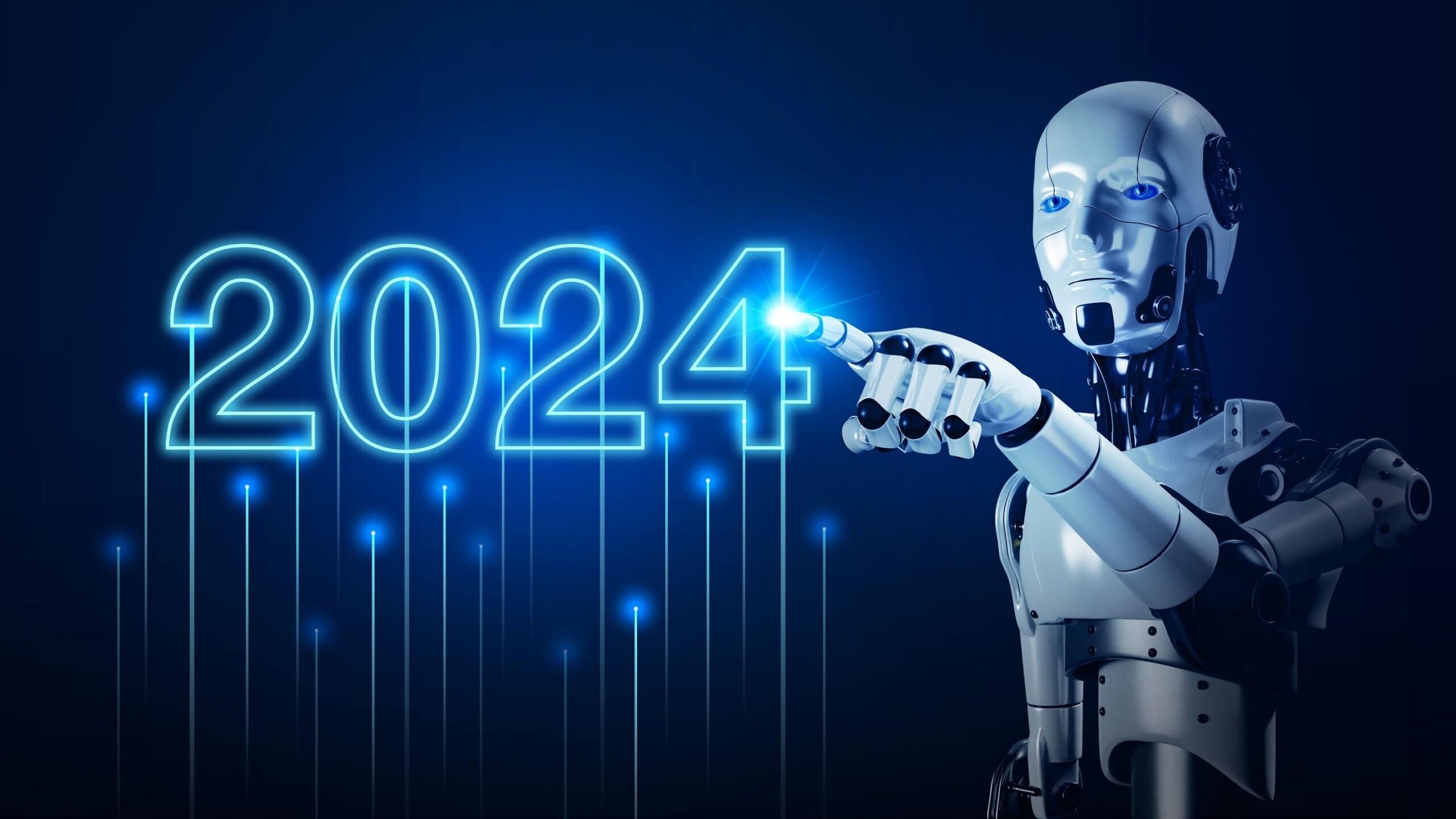 A robot is showcasing the word 2024 at a business networking event.