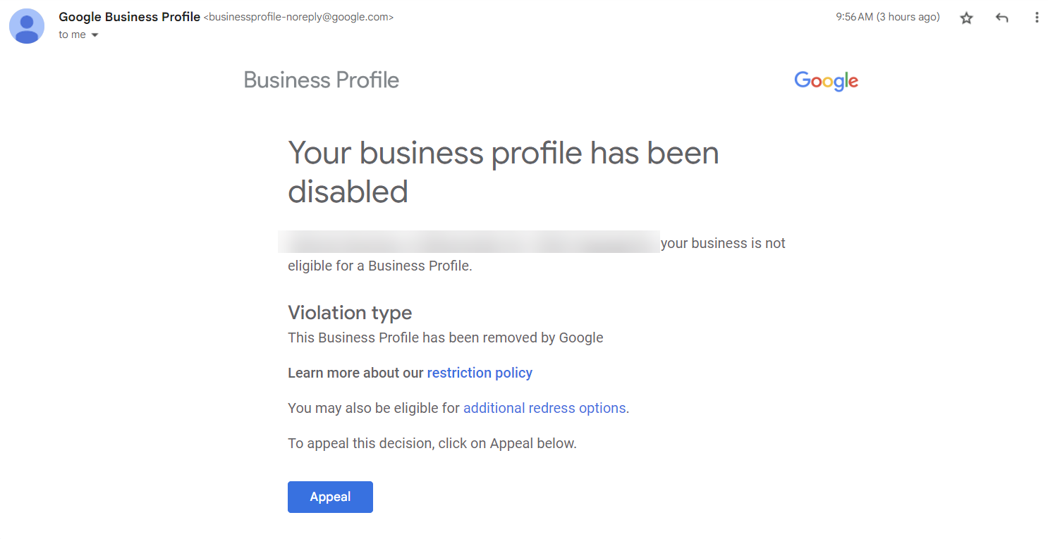 Google business profile has been disabled for networking purposes.