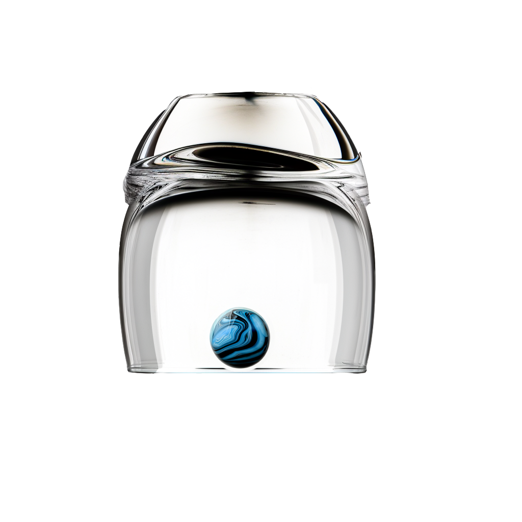 A glass jar with a blue ball inside