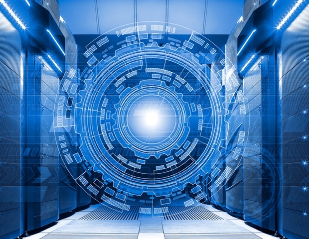 An image of a server room with a blue circle in the middle