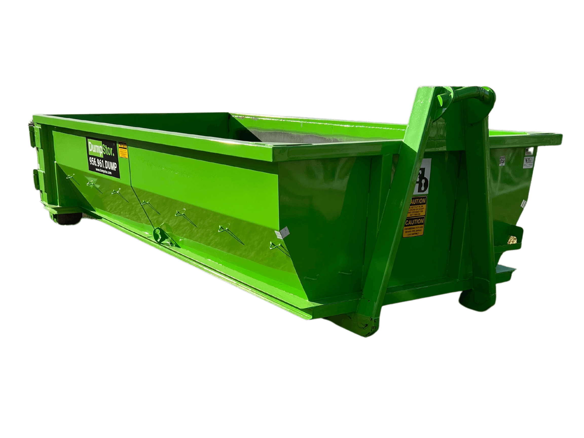 12-yd-open-top-1 Bright green industrial dumpster container with warning labels, shown on a plain white background.
