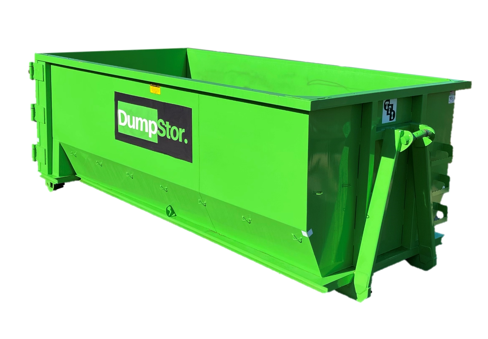 20-td-open-top-1 A bright green metal dumpster with the label “Dumpstor” printed on the side, shown against a plain white background.