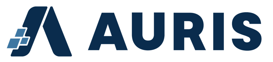 AURIS logo featuring a stylized letter “A” with three blue squares on the left, followed by the word “AURIS” in bold, dark blue uppercase letters.