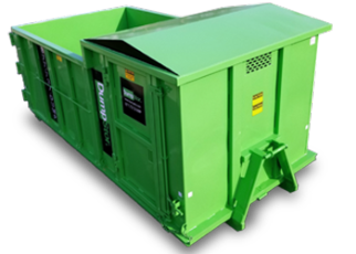DumpStor-Pro Green metal dumpster with angled lid and visible signage on the side, placed on a white background.