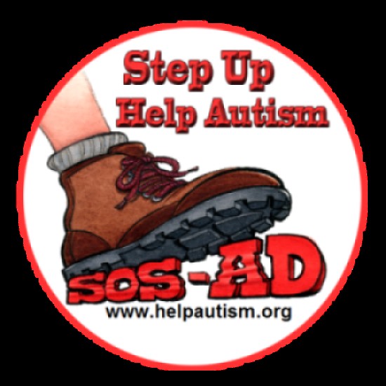A boot steps on red text reading “sos-AD” with the words “Step Up Help Autism” and a website link www.helpautism.org above and below.