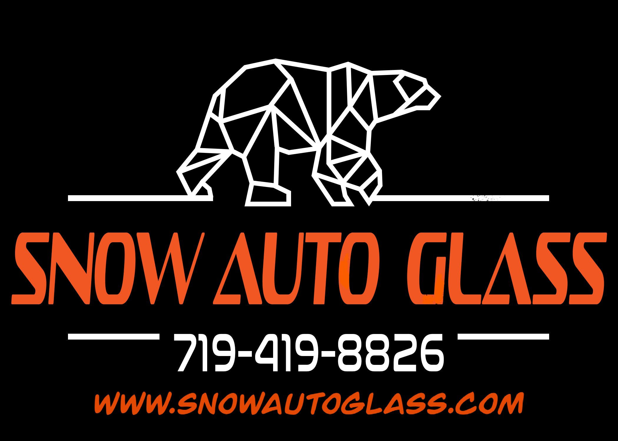 Logo for Snow Auto Glass with a geometric polar bear, contact number 719-419-8826, and website www.snowautoglass.com displayed in orange and white on a black background.