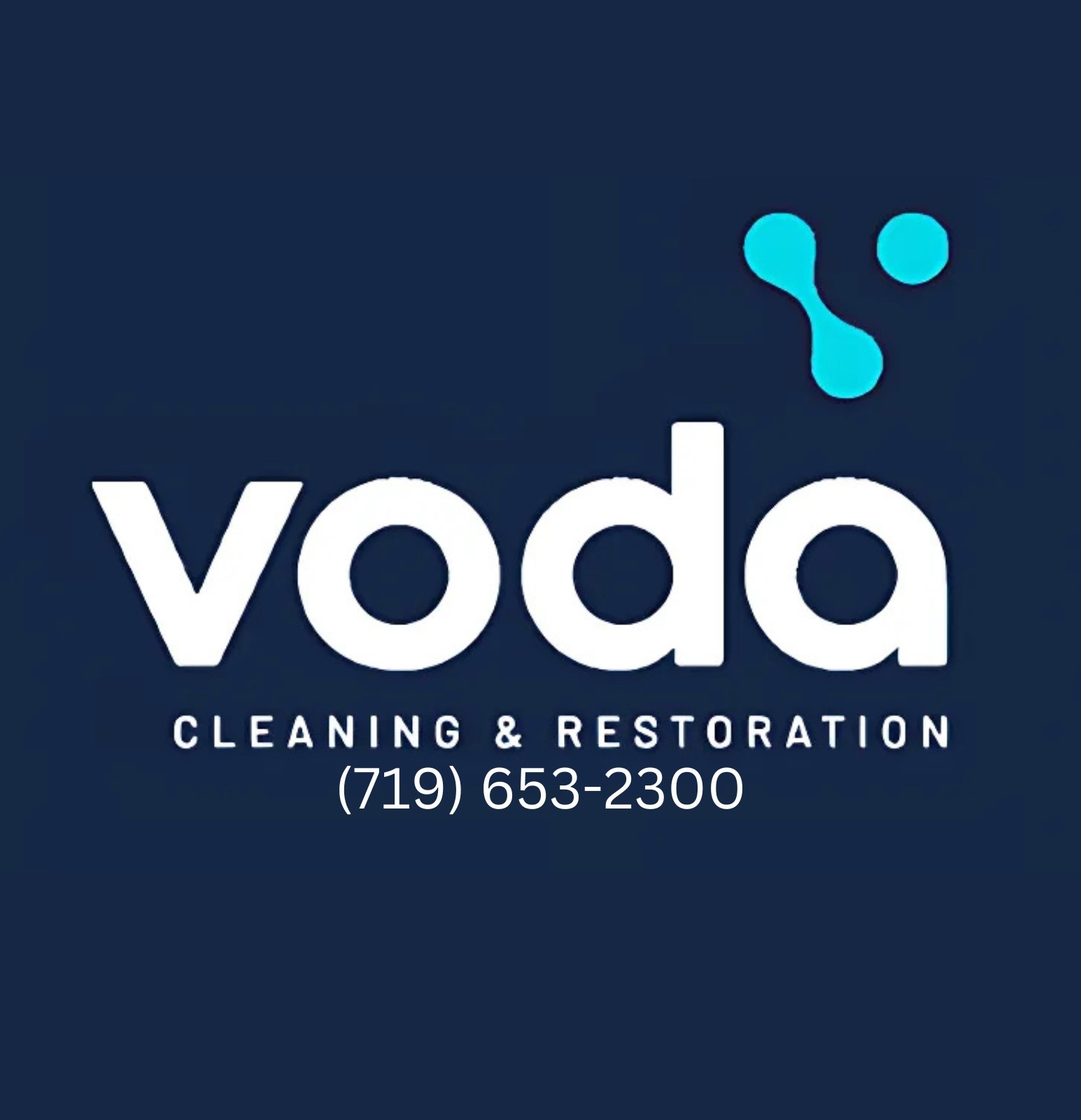 Voda Cleaning & Restoration logo with phone number (719) 653-2300 on a dark blue background.